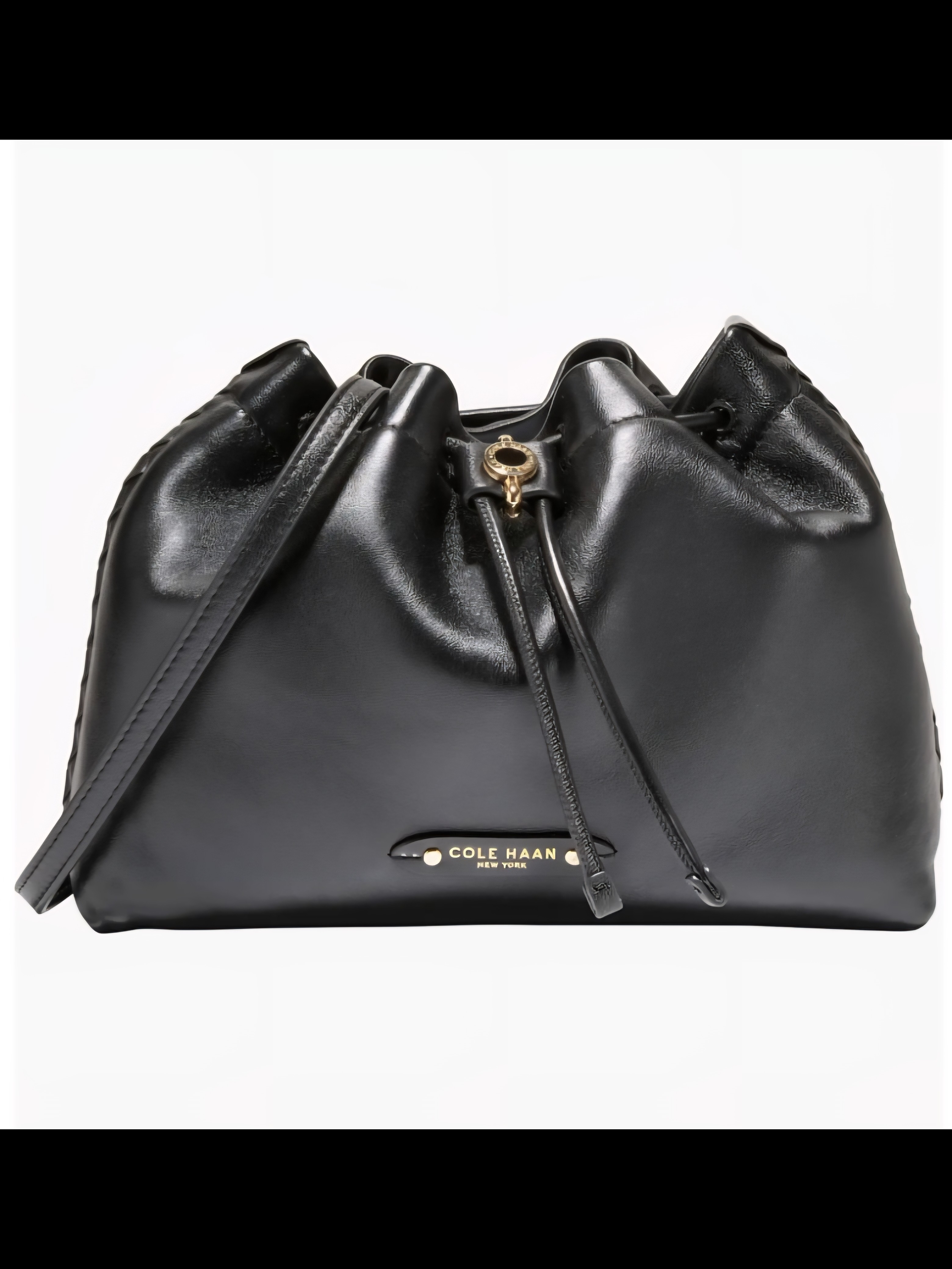 Cole Haan Black Leather Drawstring Shoulder Pouch With Gold Accent